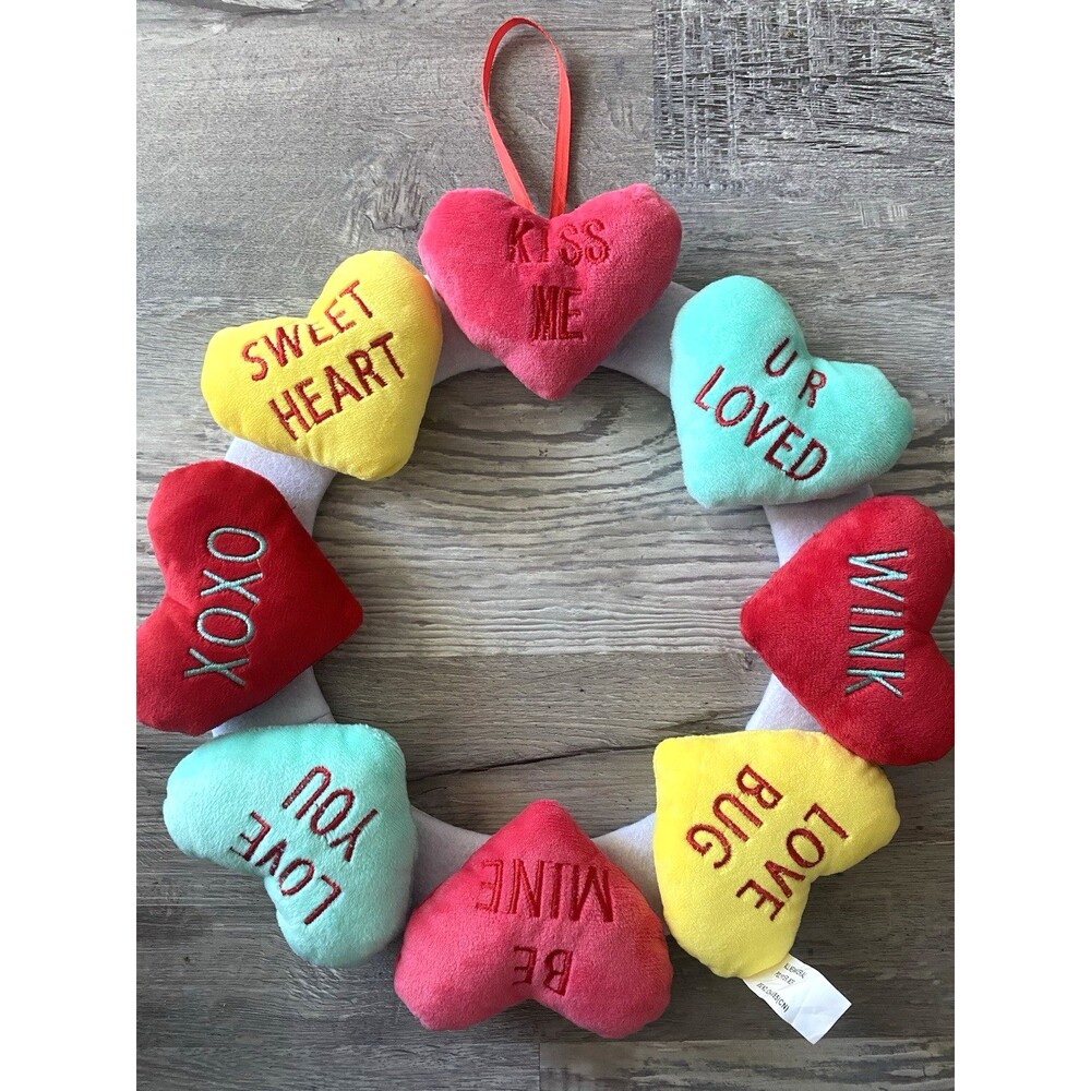 Plush Valentine Conversation Hearts Wreath 12” Door Hanging Decor Multicolor